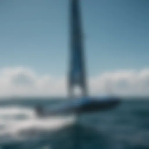 Sleek hydrofoil mast on a blue ocean background