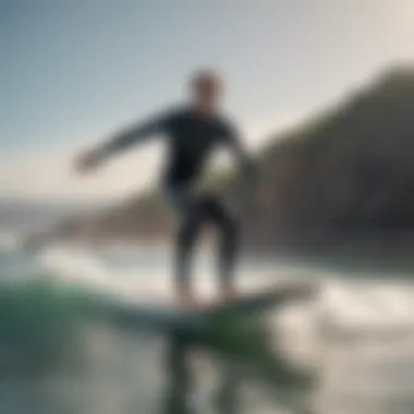 A serene beach scene with a surfer riding on a hydrofoil board