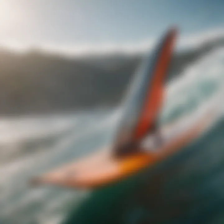 A close-up view of a hydrofoil surfing board showcasing its aerodynamic shape