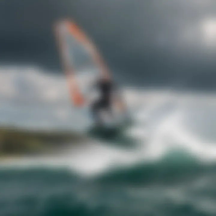 Hydrofoil windsurfing rider executing a high-speed turn on the water