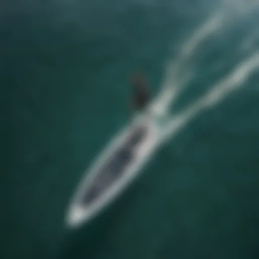 Aerial view of hydrofoil board gliding over crystal-clear water