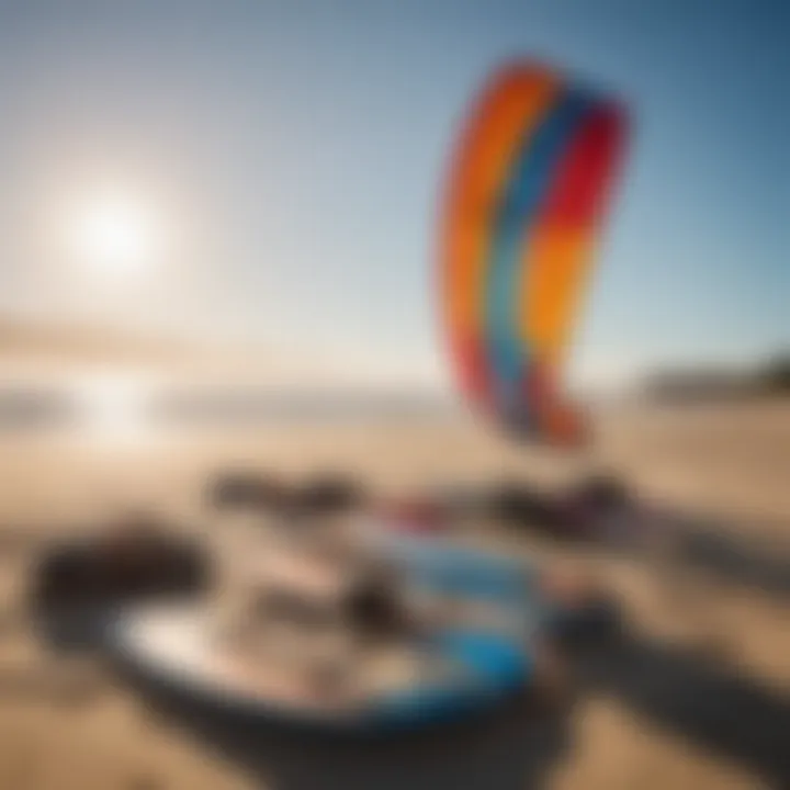 A vibrant kitesurfing scene showcasing diverse kites and boards on a sunny beach