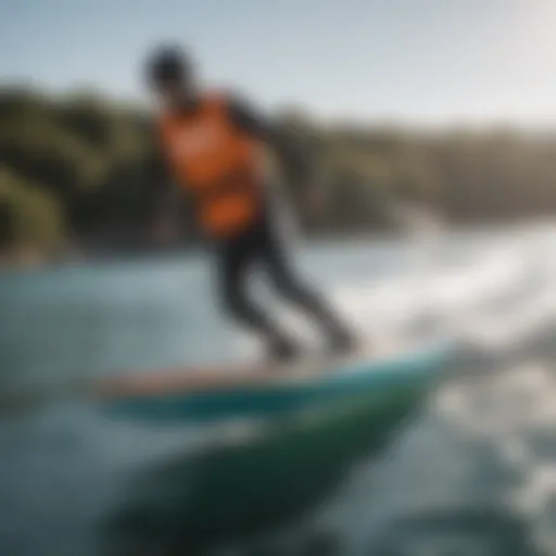 Inflatable wing foiling board in action on the water