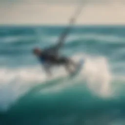 Kiteboarder performing inverted back maneuver over vibrant blue waves