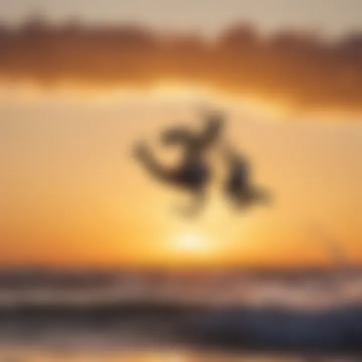 Kitesurfer executing a stylish inverted back flip against a stunning sunset backdrop