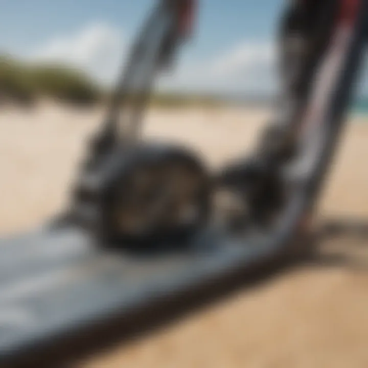 Close-up of high-quality ion kiteboarding gear on a sandy beach