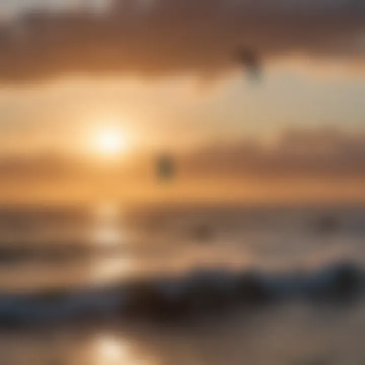 Scenic sunset view of kiteboarders gliding across a serene ocean