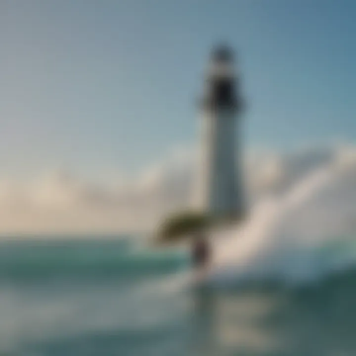 Kiteboarder gracefully navigating through the waves with the iconic Key West lighthouse in the background