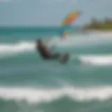 Aerial view of Kite Beach Cabarete with colorful kites in the sky