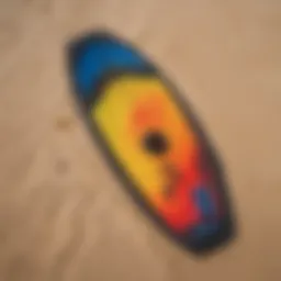 Aerial view of a vibrant kite board kit on sandy beach