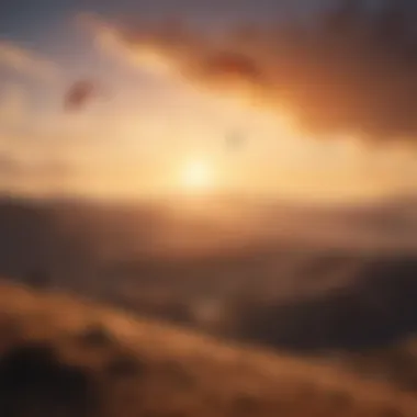 Kite flying high above mountainous terrain with sun setting in background