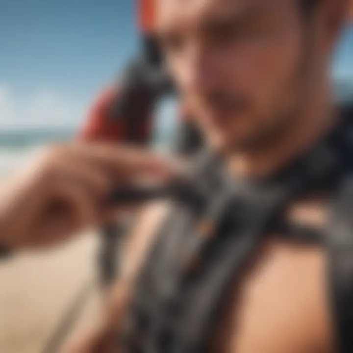 Close-up of a kitesurfer adjusting their harness