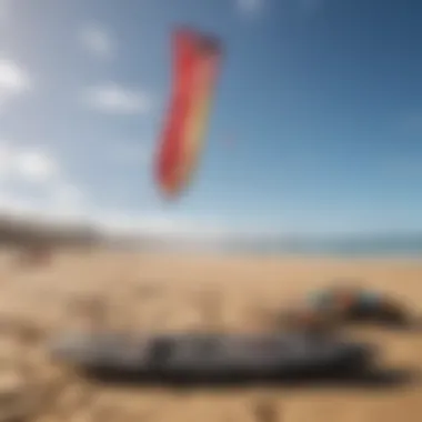 Diverse kites and equipment lined up on the sandy beach ready for use