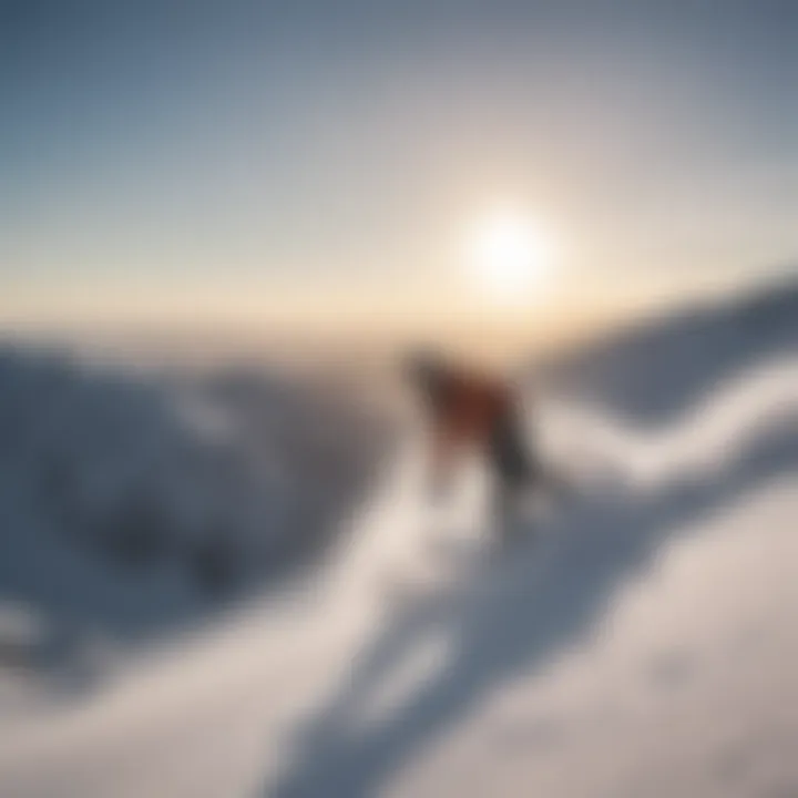 Kite snowboarder carving through fresh powder with mountains in the background