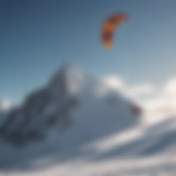 Scenic mountain landscape with a kite snowboarder gliding across the snow