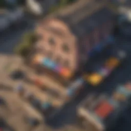 Aerial view of a colorful kite shop