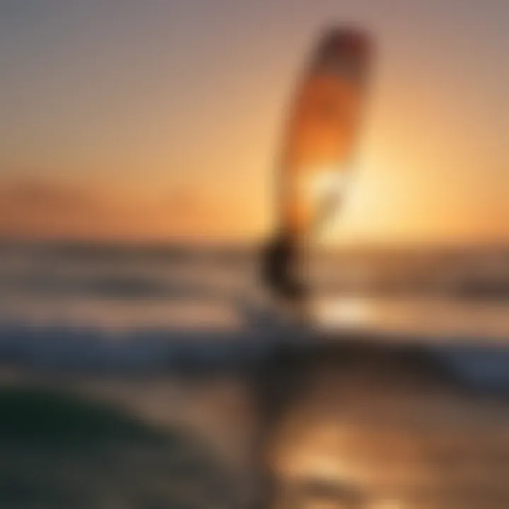 Kite surfer performing tricks against a colorful sunset backdrop