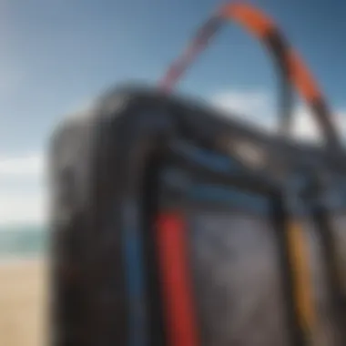 Close-up of a durable kite surfing bag highlighting its zippers and compartments for organization.