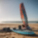 Kite surfing equipment laid out on the beach