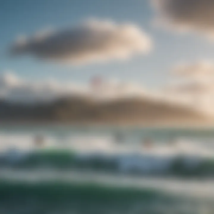 A group of kitesurfers enjoying the thrill of riding the waves against a picturesque backdrop