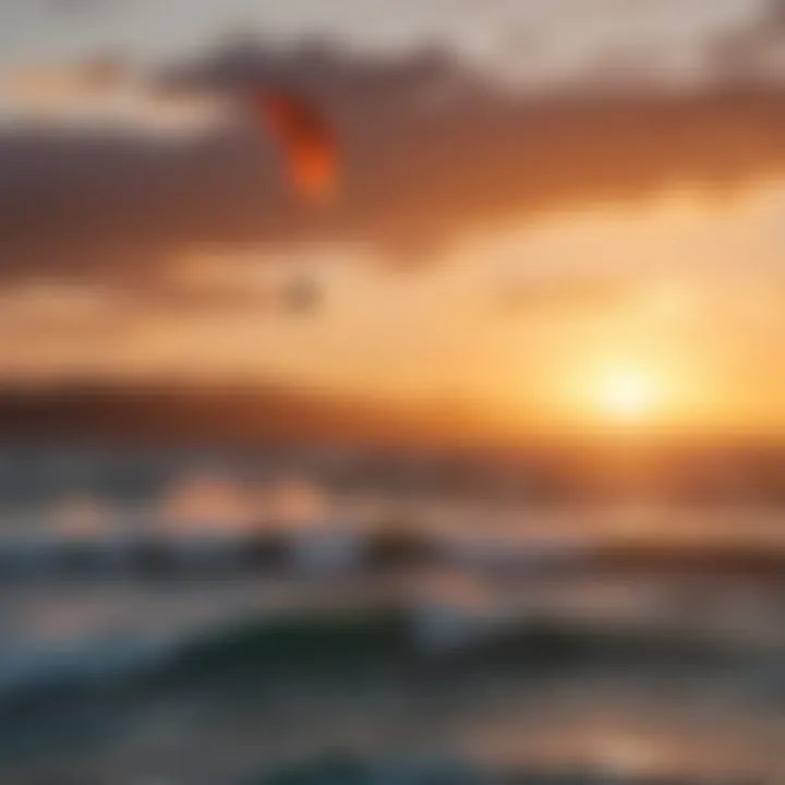 A stunning sunset view of kite surfers gliding over the waves in Hawaii