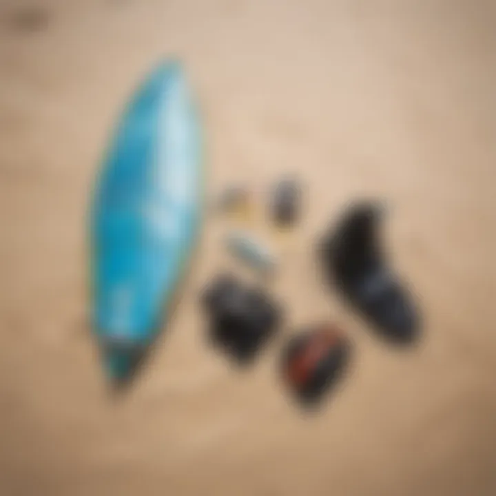 Kite surfing equipment laid out on the sand