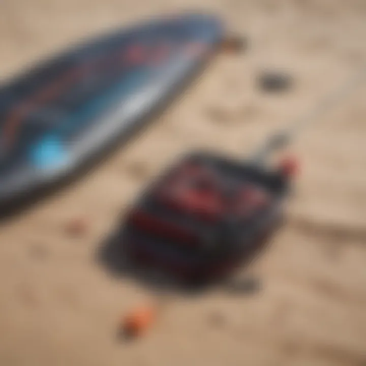 Close-up of kite surfing equipment neatly arranged on the beach