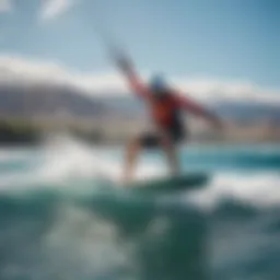 A vibrant kite surfing scene at a stunning Maui beach with clear blue skies.