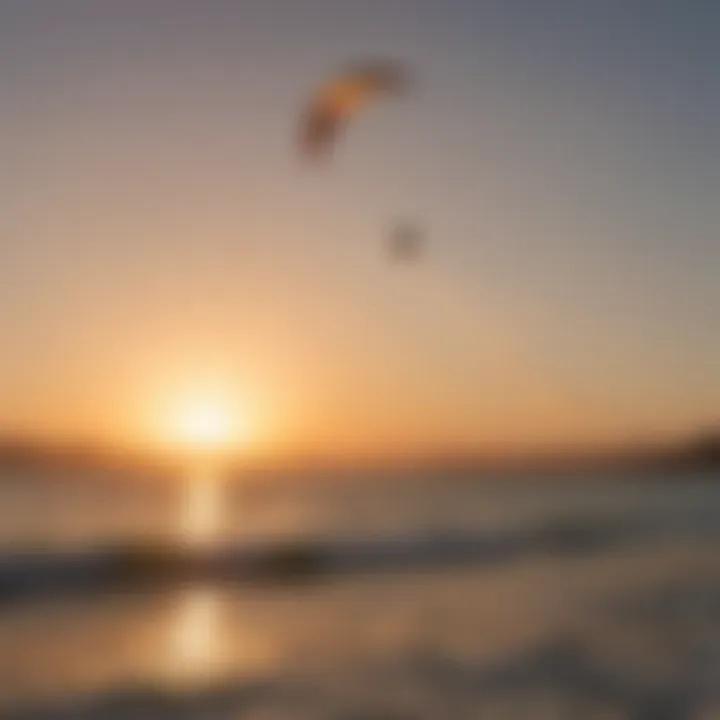 A kite surfer launching their kite against a picturesque sunset backdrop in Paros