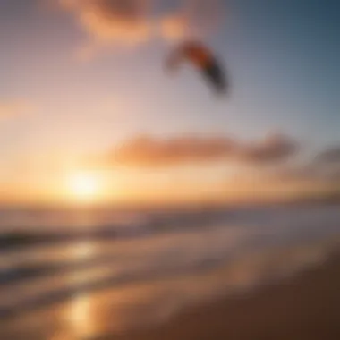 A vibrant sunset over the ocean with kites in the sky