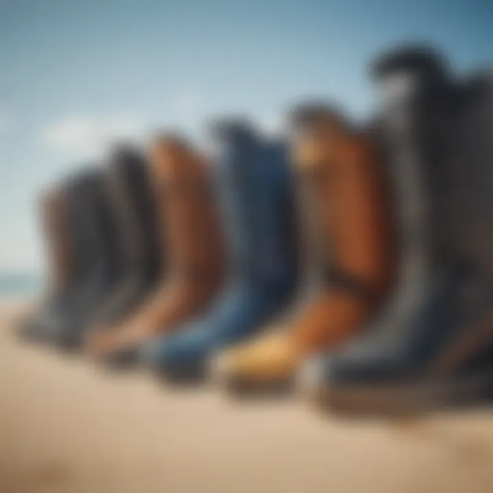 A variety of kiteboard boots displayed on a beach, highlighting different styles.