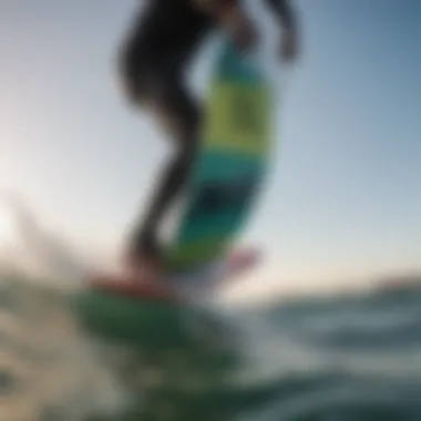 Close-up of a high-performance kiteboard fin cutting through the water