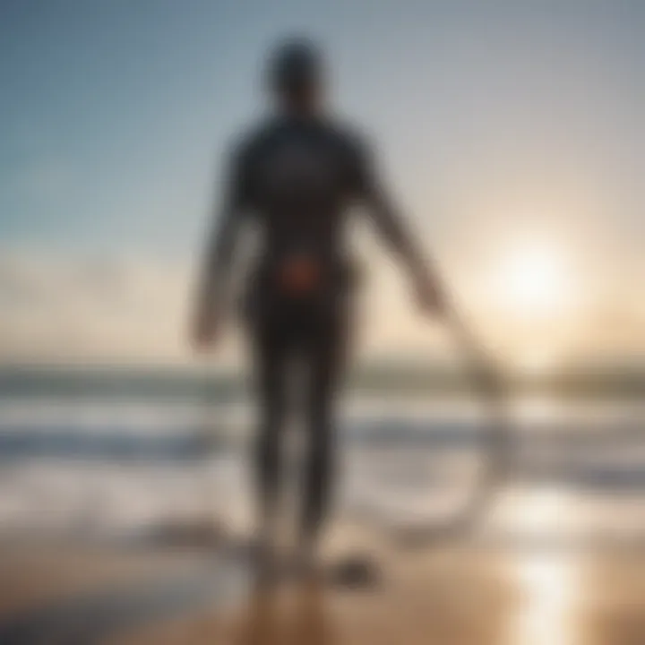 Kiteboarder attaching safety leash before surfing