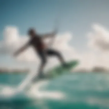 Kiteboarder performing a high jump over crystal clear waters