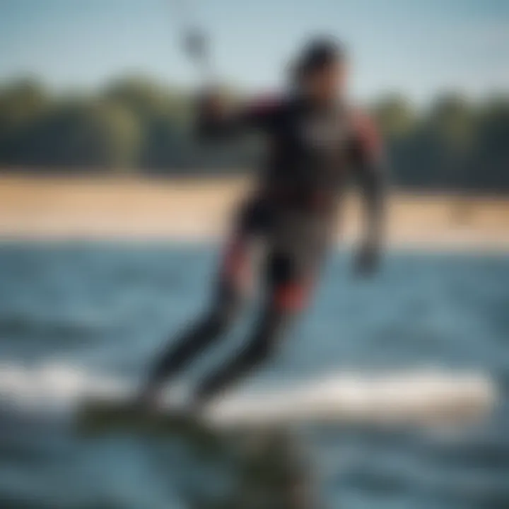 Kiteboarder gliding gracefully over the water in a drysuit