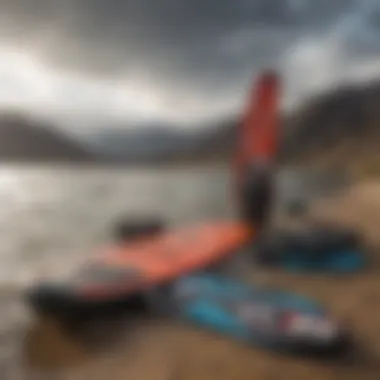 Kiteboarding equipment set against a backdrop of changing weather at Lake Isabella