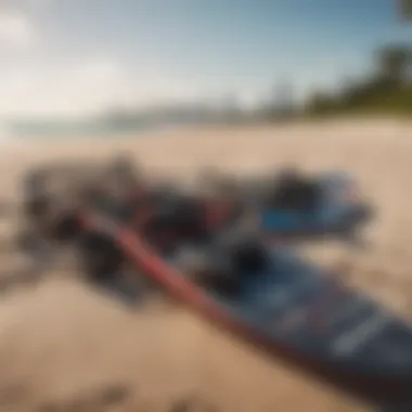 Kiteboarding equipment laid out on the sandy shore of Miami