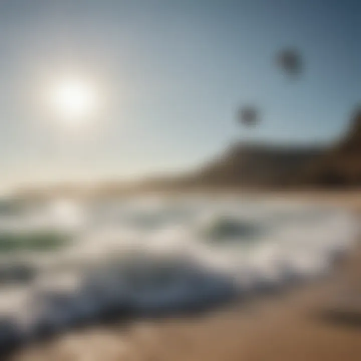 A scenic beach view with kiteboarders enjoying the waves