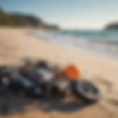 Essential kiteboarding gear laid out on the beach