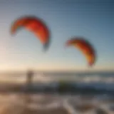 A vibrant kite soaring high above the ocean waves, showcasing various colors and designs.