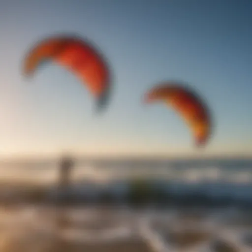 A vibrant kite soaring high above the ocean waves, showcasing various colors and designs.