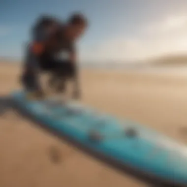 A high-quality kiteboard placed on the sandy beach, ready for the next ride.