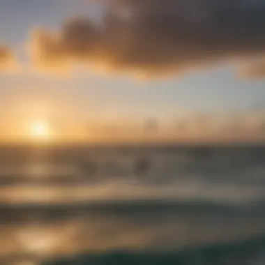 A group of kiteboarders enjoying a sunset session, illustrating the vibrant local community and culture.