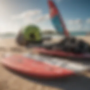 Close-up of kiteboarding equipment including boards and kites ready for action