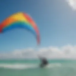 A vibrant kiteboarding scene showcasing colorful kites against the azure sky