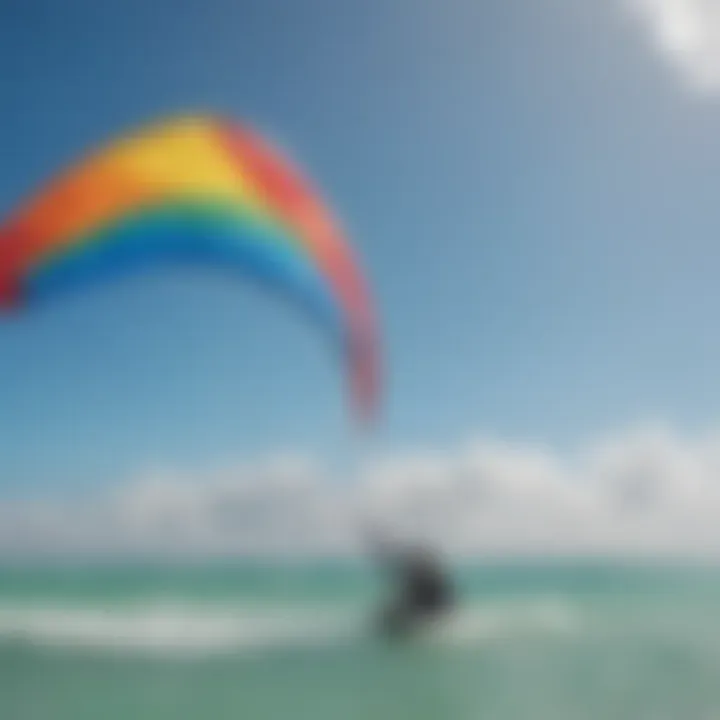 A vibrant kiteboarding scene showcasing colorful kites against the azure sky