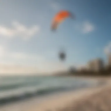 A picturesque beach in Cancun with kiteboarders and spectators enjoying the sport