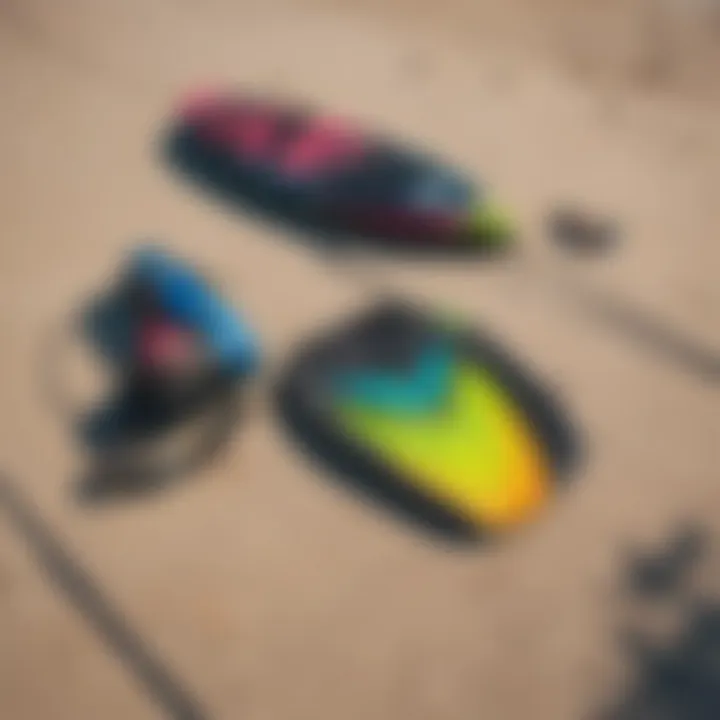 Kiteboarding gear laid out on the beach, showcasing vibrant colors and designs