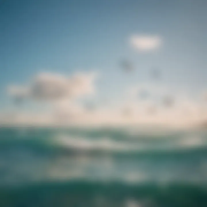 A group of kiteboarders enjoying the waves under a bright blue sky