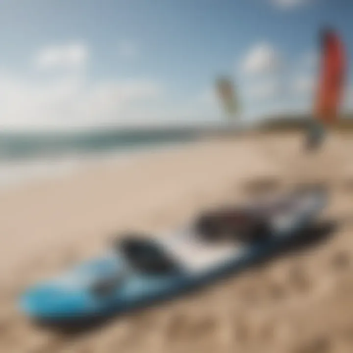 Essential kiteboarding equipment displayed on the sandy shore, showcasing different kite sizes and boards.